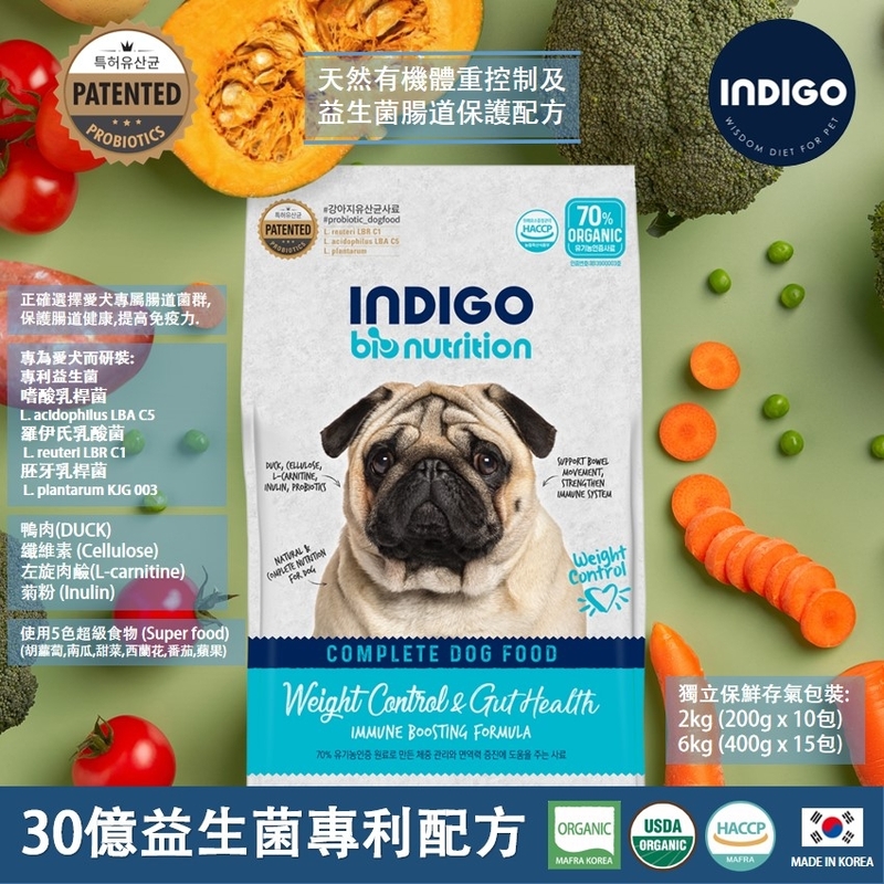 [INDIGO-狗糧]天然有機體重控制(鴨肉)｜30億益生菌腸道保護配方｜成犬/老犬｜2kg (內含200g x 10包)