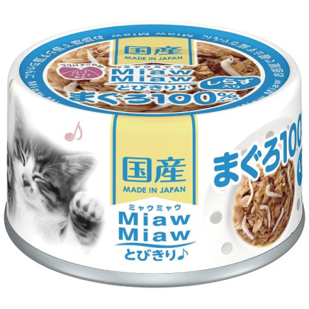 [Aixia-貓罐]Miaw Miaw｜吞拿魚+白飯魚｜60g｜(湯汁肉絲)｜日本製｜(MT-3)