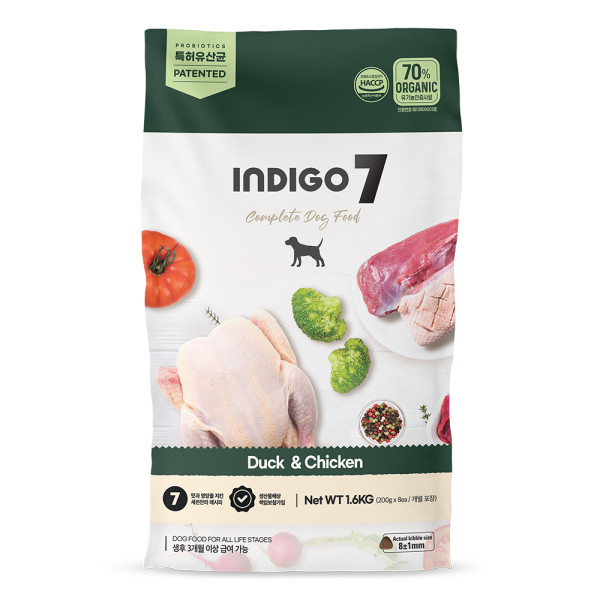 [INDIGO 7-狗糧]天然有機7大功效｜抗敏(鴨肉+雞肉)｜30億益生菌腸道保護配方｜全犬｜1.6kg (內含200g x 8包)｜韓國製