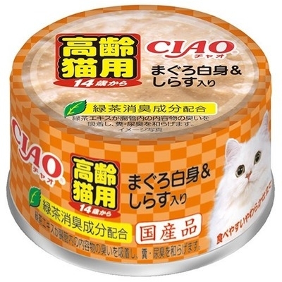 [CIAO-貓罐]14歲高齡貓｜吞拿魚+白飯魚｜85g｜(M-54)｜(慕絲/軟肉絲)｜日本製
