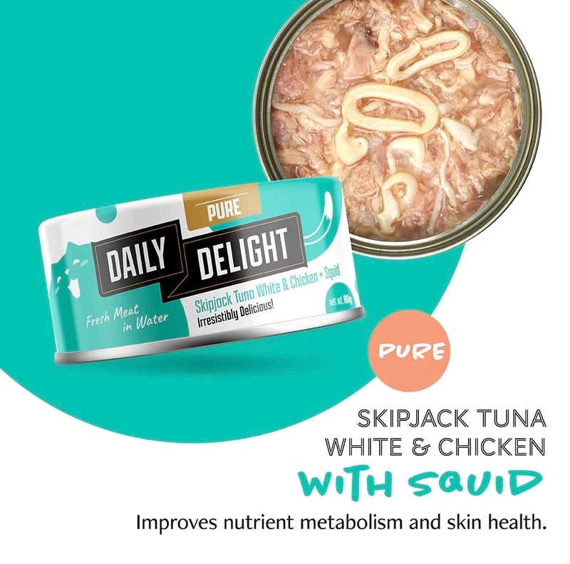 [Daily Delight-貓罐]湯汁系列｜白鰹吞拿魚+雞肉+魷魚｜80g｜(湯汁肉絲/主食)｜(DD46)