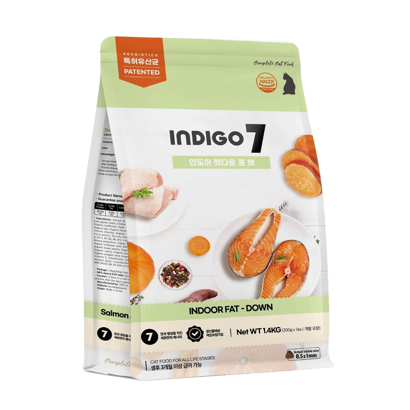 [INDIGO 7-貓糧]天然有機體重控制(三文魚+雞肉)｜30億益生菌腸道保護配方｜室內貓｜5.2kg (內含400g x 13包)｜韓國製｜(代訂)