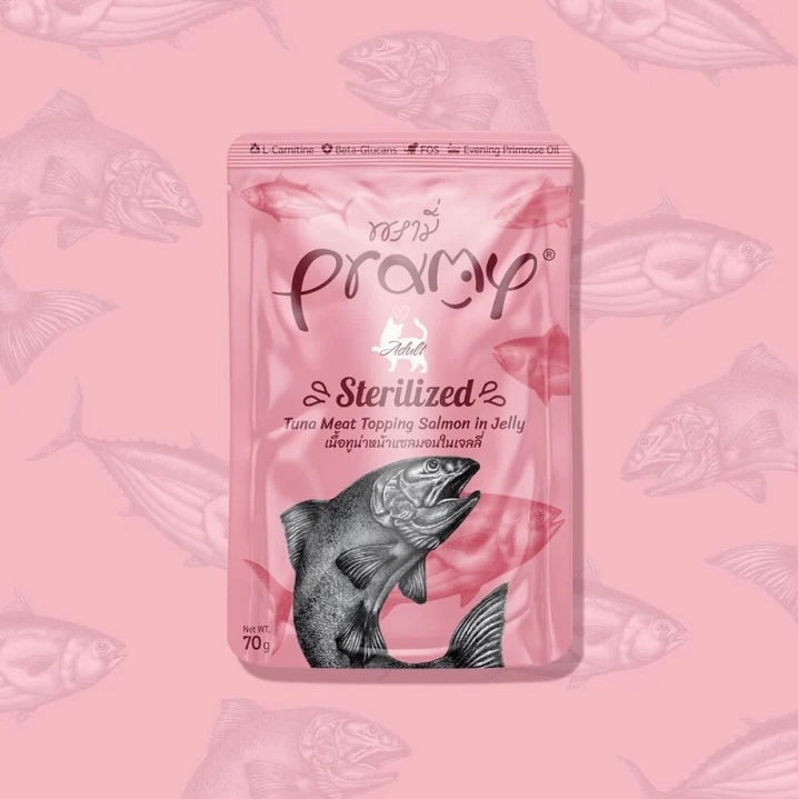 [Pramy]功能貓濕包｜啫喱系列｜高級白肉吞拿魚+三文魚｜絕育配方｜70g｜(啫喱肉絲)