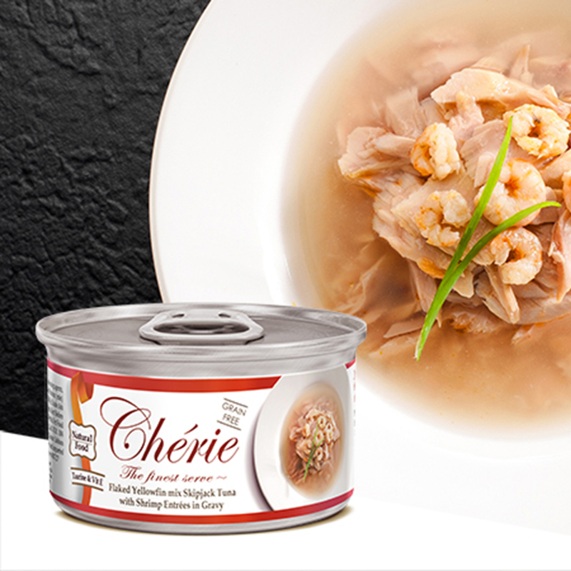 [Cherie 法麗]招牌微湯汁系列｜天然黃鰭吞拿魚佐鮮蝦｜80g｜(湯汁肉絲)