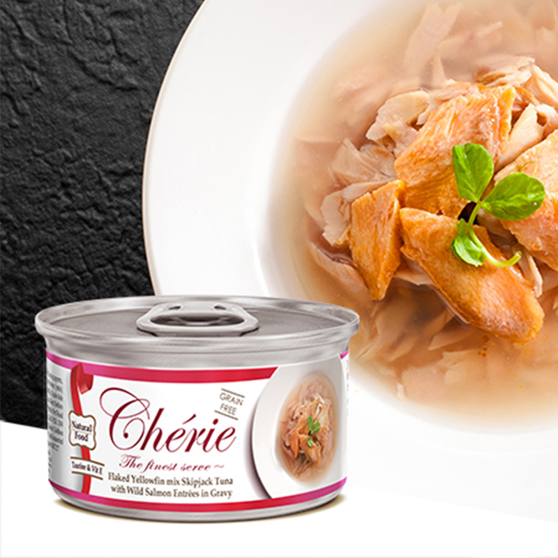 [Cherie 法麗]招牌微湯汁系列｜天然黃鰭吞拿魚正鰹、三文魚｜80g｜(湯汁肉絲)