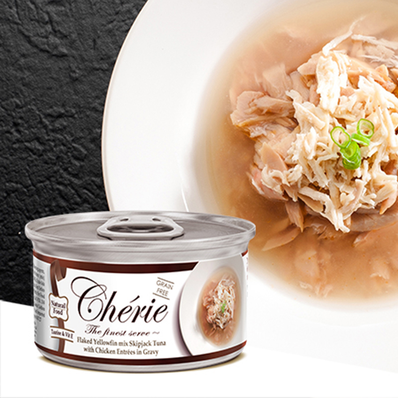 [Cherie 法麗]招牌微湯汁系列｜天然黃鰭吞拿魚正鰹、嫩雞｜80g｜(湯汁肉絲)