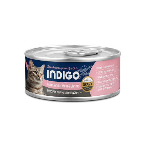 [Indigo-貓罐]韓國5星益生元主食罐｜吞拿魚+鮮蝦｜眼睛保健｜(湯汁肉絲/主食)｜80g