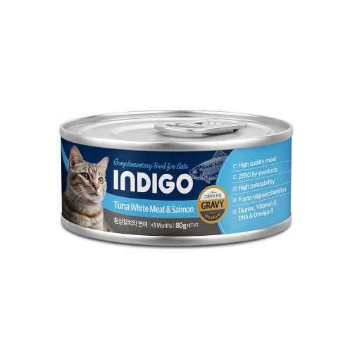 [Indigo-貓罐]韓國5星益生元主食罐｜吞拿魚+三文魚｜保護血管｜(湯汁肉絲/主食)｜80g