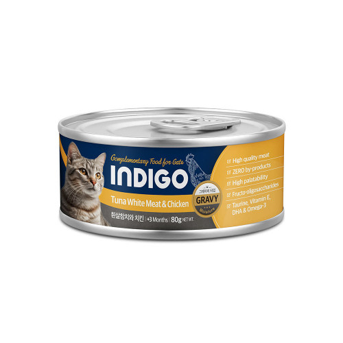 [Indigo-貓罐]韓國5星益生元主食罐｜吞拿魚+雞肉｜控制體重｜(湯汁肉絲/主食)｜80g
