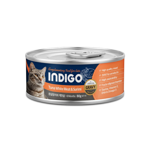 [Indigo-貓罐]韓國5星益生元主食罐｜吞拿魚+蟹肉｜保護關節｜(湯汁肉絲/主食)｜80g