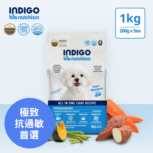 [INDIGO-狗糧]天然有機無穀物｜低過敏性去淚痕配方｜昆蟲蛋白｜1kg (內含200g x 5包)｜韓國製