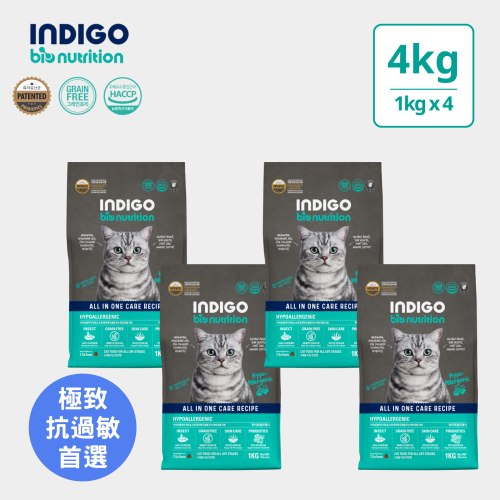 [INDIGO-貓糧]天然有機無穀物｜低過敏性去淚痕配方｜昆蟲蛋白｜特惠裝 4kg (1kg x 4包)｜韓國製