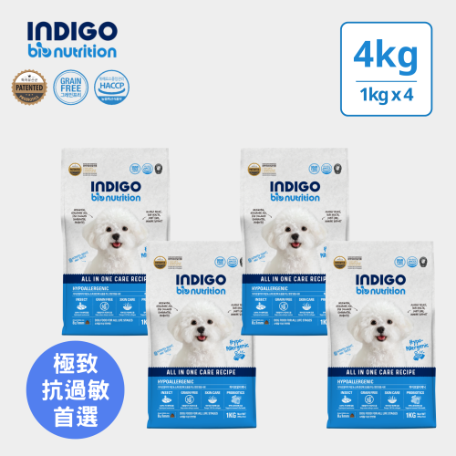 [INDIGO-狗糧]天然有機無穀物｜低過敏性去淚痕配方｜昆蟲蛋白｜特惠裝4kg (1kg x 4包)｜韓國製