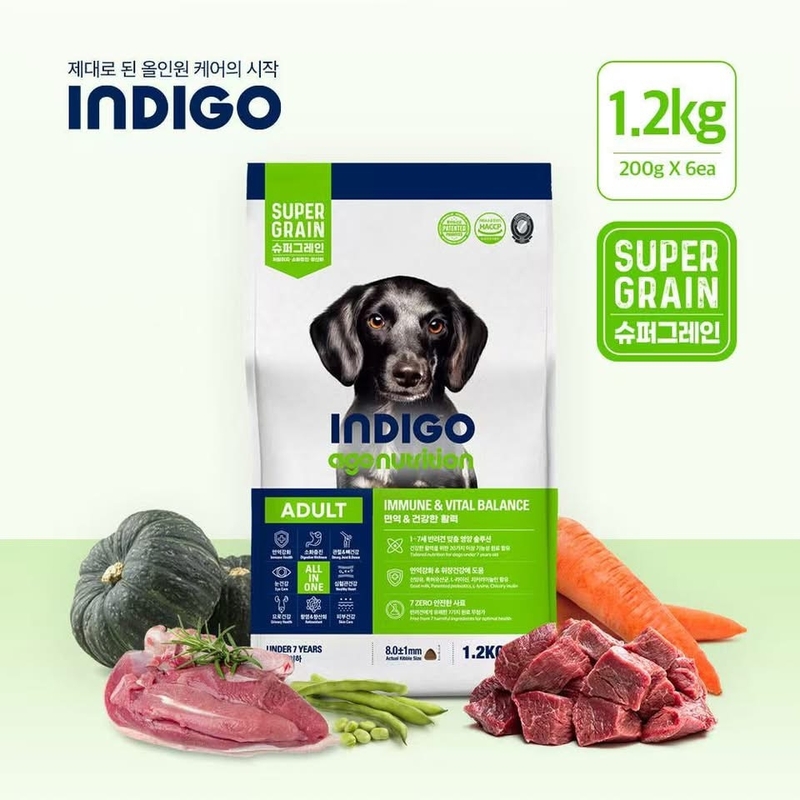 [INDIGO-狗糧]天然有機多種保健系列｜成犬專用配方｜鴨肉x牛肉｜1.2kg (內含200g x 6包)｜韓國製