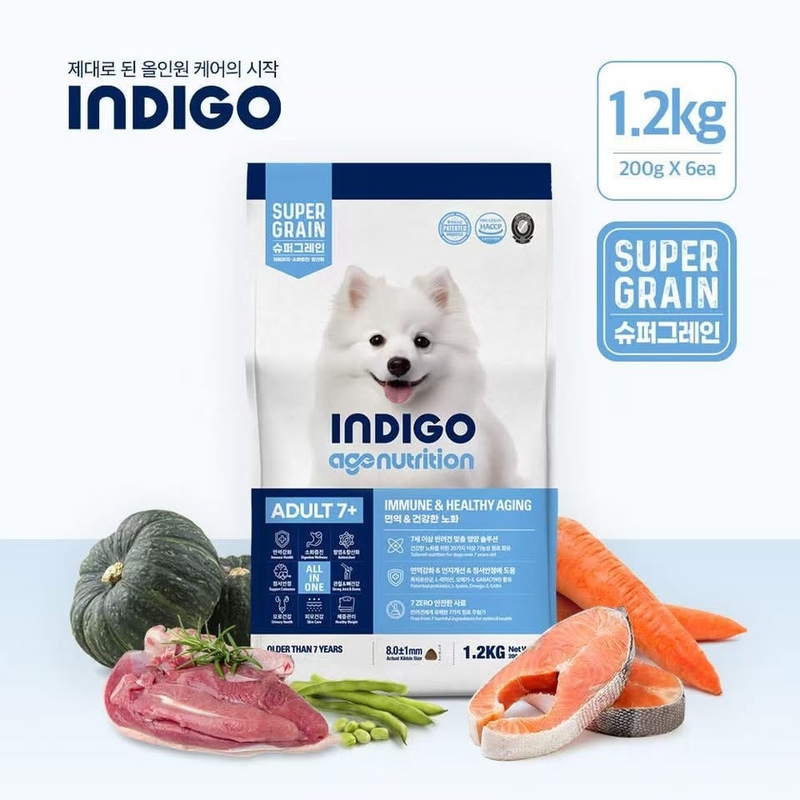 [INDIGO-狗糧]天然有機多種保健系列｜7+熟齡犬專用配方｜三文魚x鴨肉｜1.2kg (內含200g x 6包)｜韓國製