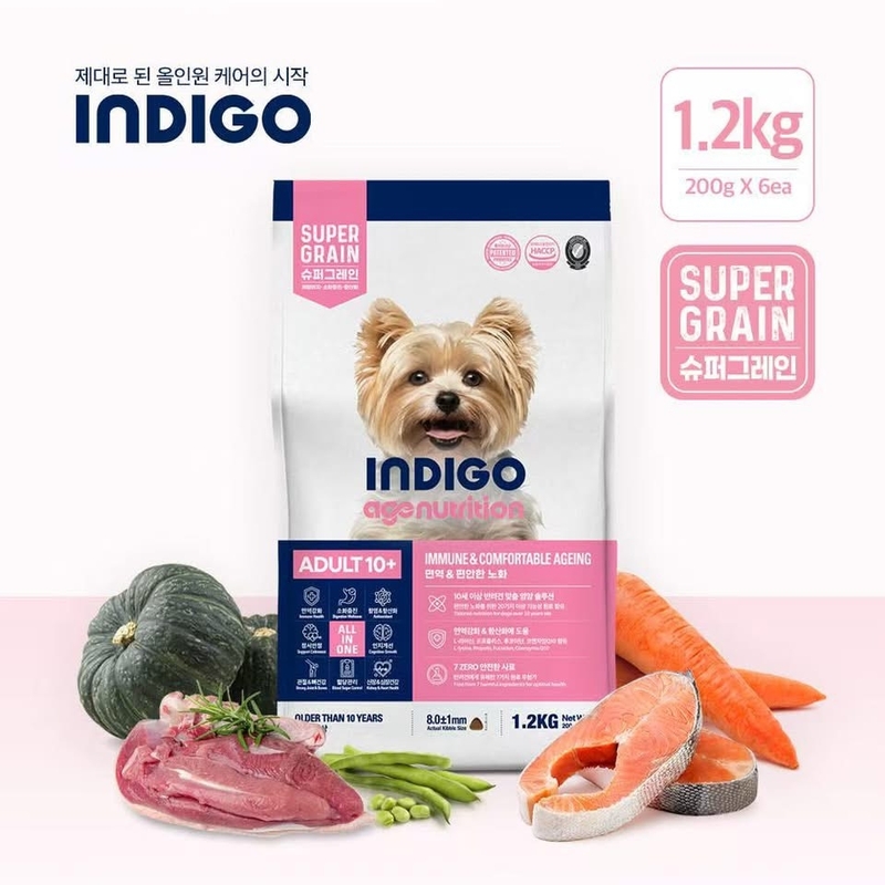 [INDIGO-狗糧]天然有機多種保健系列｜10+老犬專用配方｜三文魚x鴨肉｜1.2kg (內含200g x 6包)｜韓國製