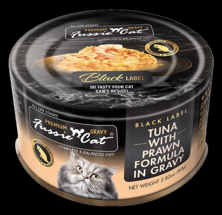 [Fussie Cat-貓罐]肉汁主食罐 | 極品吞拿魚+虎蝦｜80g｜(肉絲/主食)