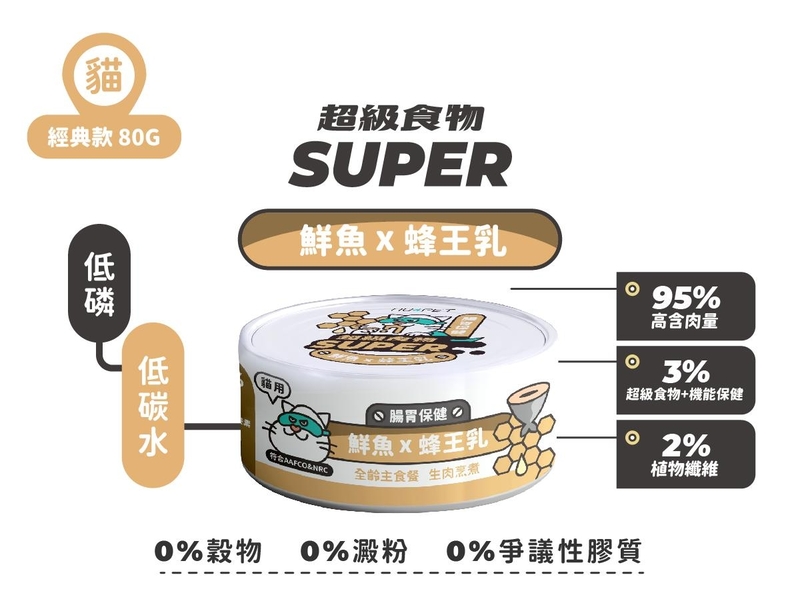 [陪心-貓罐]Super小白主食罐 | 鮮魚X蜂王乳｜腸胃保健｜80g｜(肉泥/主食)