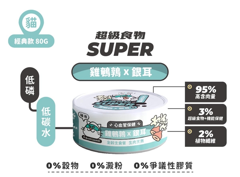 [陪心-貓罐]Super小白主食罐 | 雞鵪鶉X銀耳｜心血管保健｜80g｜(肉泥/主食)