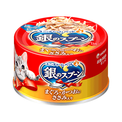 [Unicharm 銀匙]貓罐｜鮮味湯罐｜吞拿魚+鰹魚+雞肉 70g｜(湯汁肉絲)